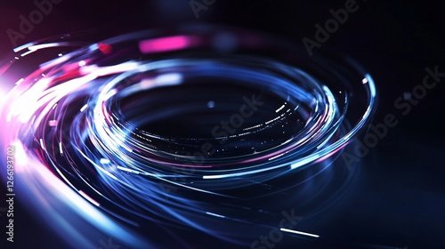 Swirling pink and blue light trails form a dynamic, abstract vortex against a dark background