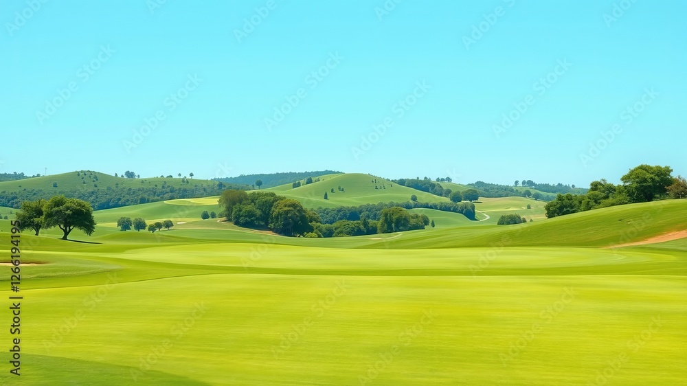 Fototapeta premium Lush Green Golf Course Under Bright Blue Sky with Fluffy White Clouds Offering a Tranquil Atmosphere