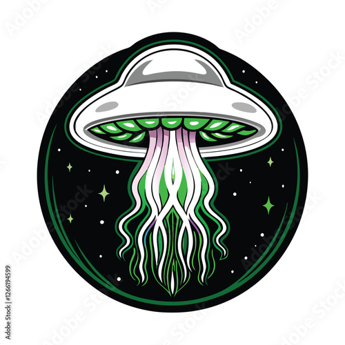 Render a bioluminescent blue alien jellyfish, intricate detail, flowing tentacles, deep ocean setting, ethereal glow.