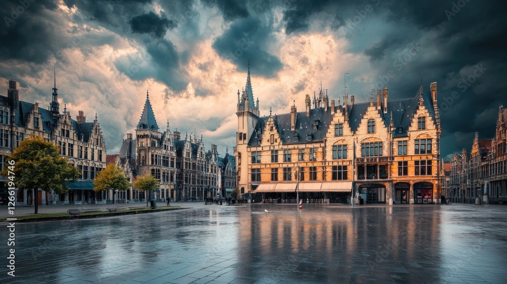 Fototapeta premium Belgian city square, historic buildings, dramatic sky, rain reflecting buildings