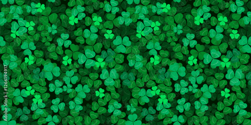 Clover leaf background or shamrock pattern for Patrick day background. Vector realistic shamrock clover leaves field background