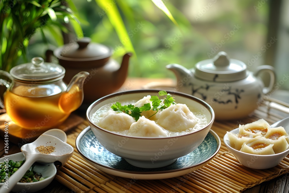 Traditional Asian dumpling soup with tea in restaurant. Traditional Asian dumpling soup with tea in restaurant.