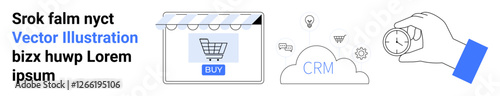 Shopping cart on a digital storefront, CRM cloud connections, and a hand holding a clock. Ideal for digital business, time tracking, CRM tools, online retailing, productivity, e-commerce flat