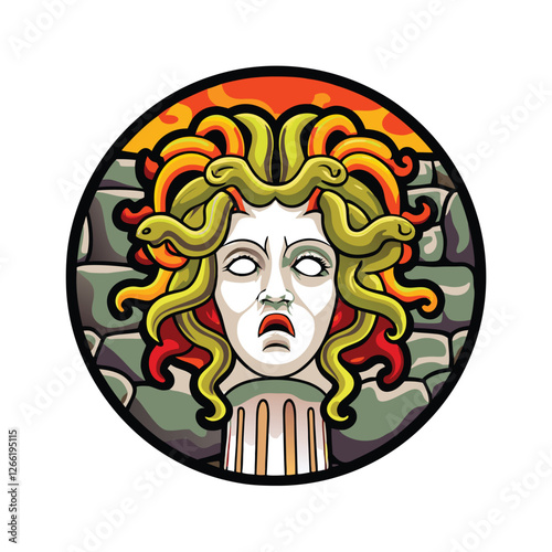 A terrifying Medusa-inspired monster head, detailed and realistic, with numerous writhing snakes forming its hair; dark, ominous lighting.