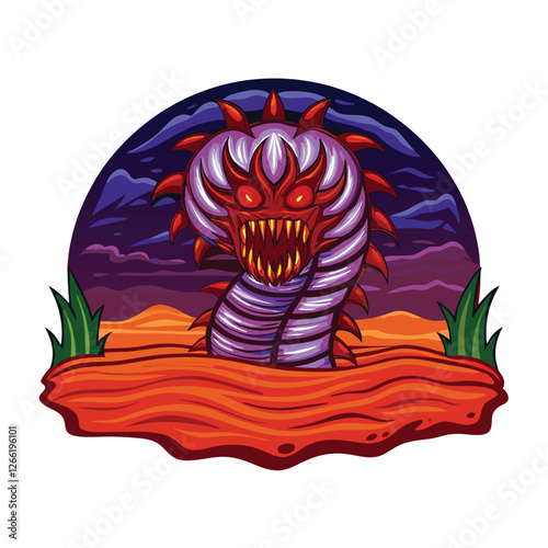 Render a colossal sandworm, its segmented body partially buried,  glowing crimson eyes piercing the darkness, razor-sharp mandibles agape.