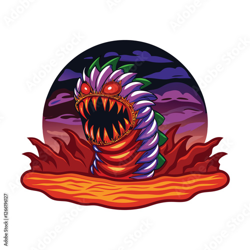Render a monstrous sandworm, colossal in size, with intensely glowing red eyes and incredibly sharp teeth, partially buried in sand dunes under a harsh desert sun.