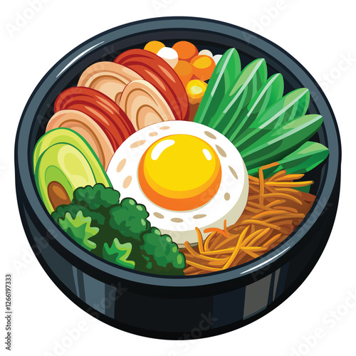 Vibrant close-up shot of a delicious bibimbap bowl, showcasing its colorful array of ingredients, with a particular focus on the bright orange components.
