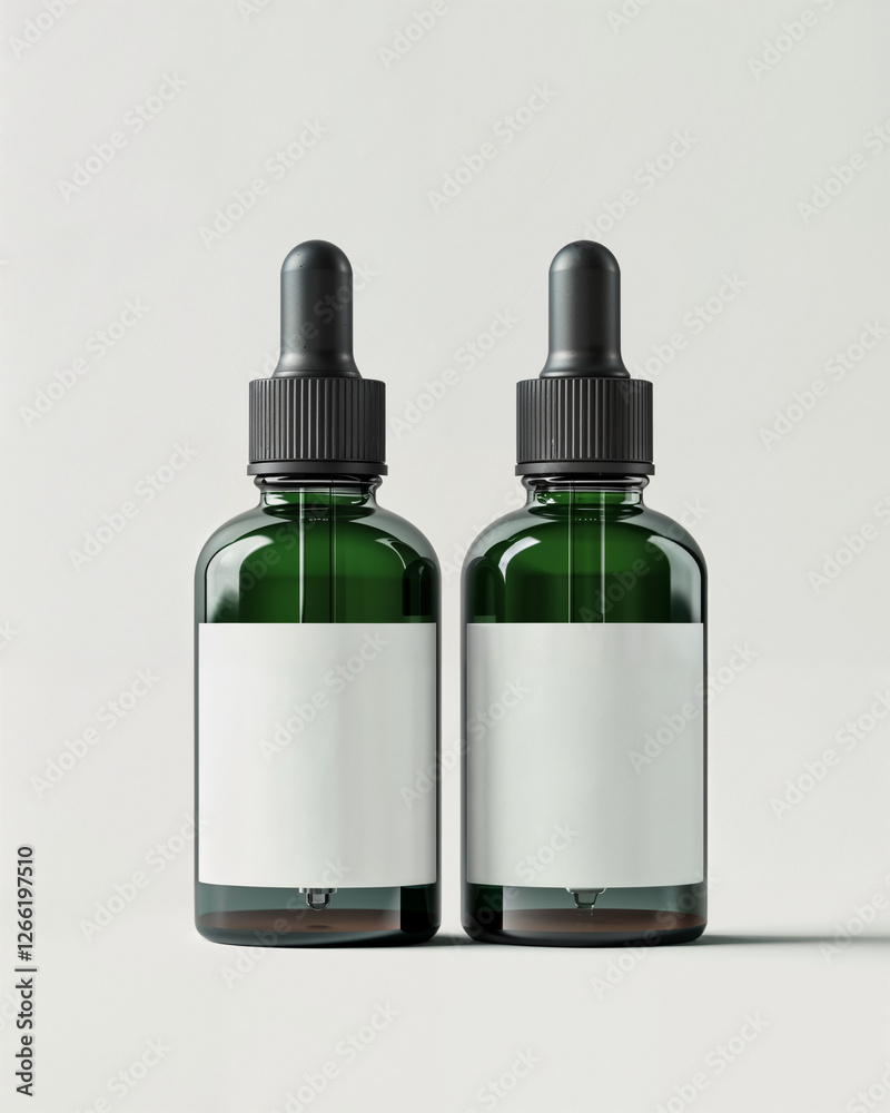 Serene green glass droppers with blank labels, perfect for natural skincare or herbal remedies, showcasing minimalist design Serene green glass droppers with blank labels, perfect for natural skincare or herbal remedies, showcasing minimalist design