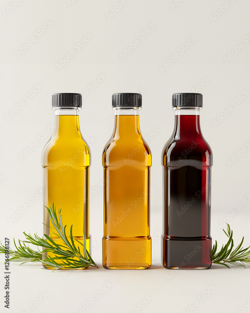Exquisite bottles of oil and vinegar displayed with fresh herbs on a neutral background Exquisite bottles of oil and vinegar displayed with fresh herbs on a neutral background