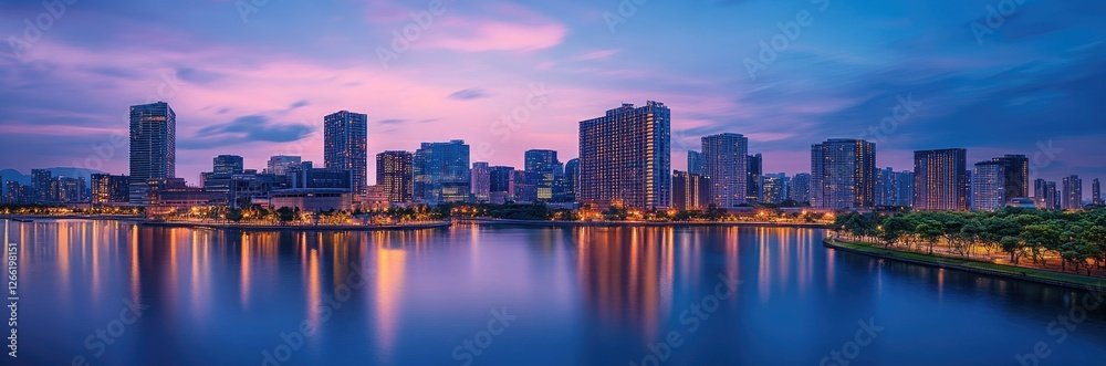Naklejka premium City Skyline Dusk Waterfront Reflections Modern Architecture