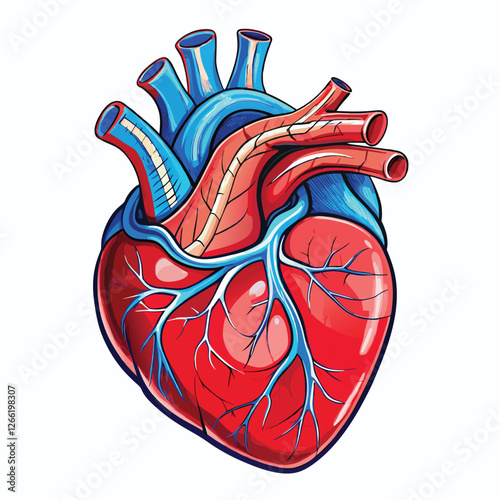 Generate a photorealistic image of a human heart, showcasing intricate details of its arteries and veins.  Include realistic textures and lighting.