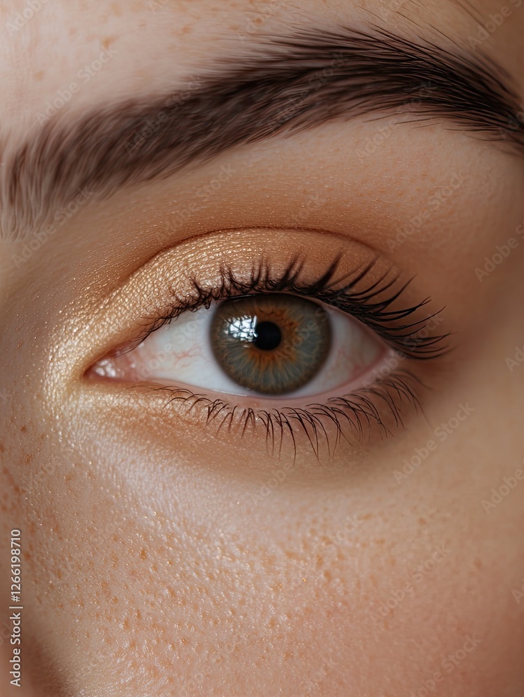 Obraz premium Close-up eye, freckles, makeup, neutral background, beauty
