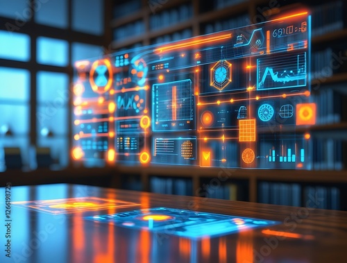 High-tech AI-powered virtual interface with neon blue and orange holographic data visualization, symbolizing digital transformation, cybersecurity, and artificial intelligence

