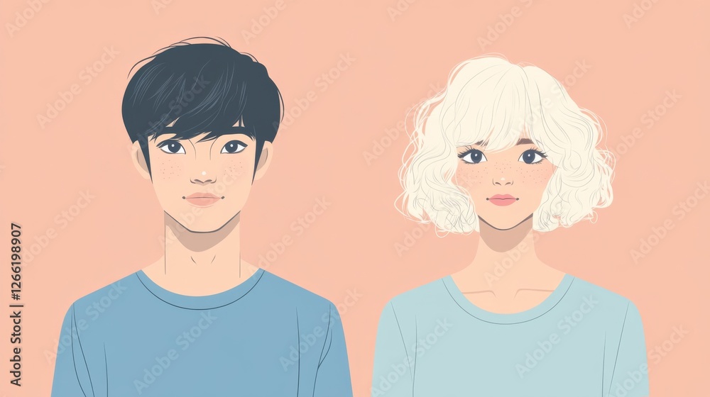 Cute vector illustration of a couple, man with black hair and woman with short curly blonde bob hairstyle, both wearing light blue t-shirts Cute vector illustration of a couple, man with black hair and woman with short curly blonde bob hairstyle, both wearing light blue t-shirts
