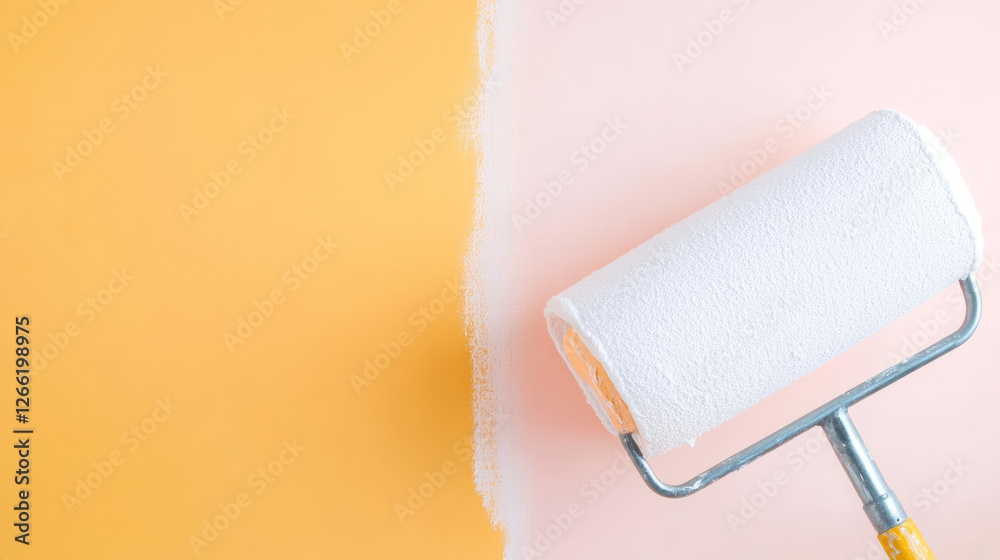 Obraz premium Fresh paint roller on wall, showcasing vibrant color transition