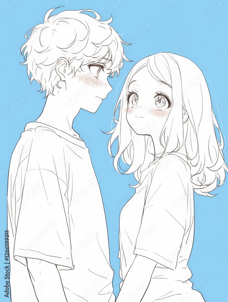 Cute vector illustration of a couple, man with black hair and woman with short curly blonde bob hairstyle, both wearing light blue t-shirts Cute vector illustration of a couple, man with black hair and woman with short curly blonde bob hairstyle, both wearing light blue t-shirts