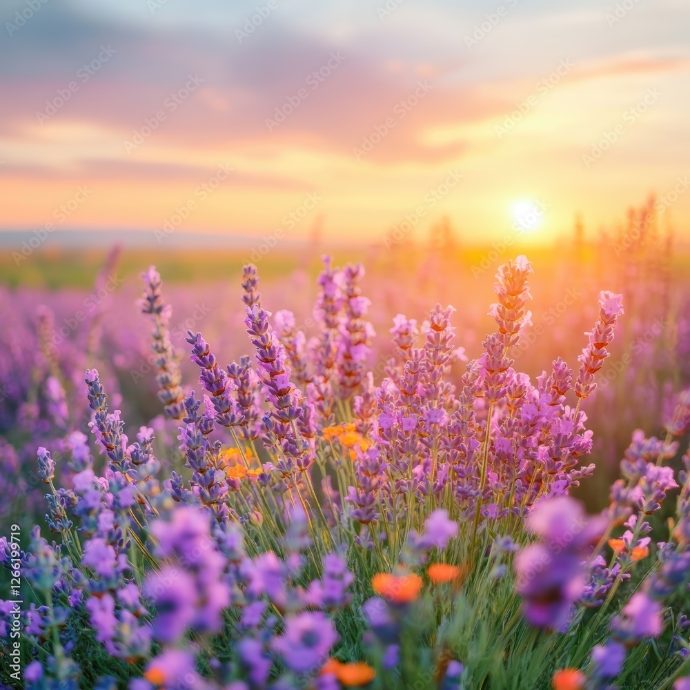 Naklejka premium Serene sunset over lavender field.