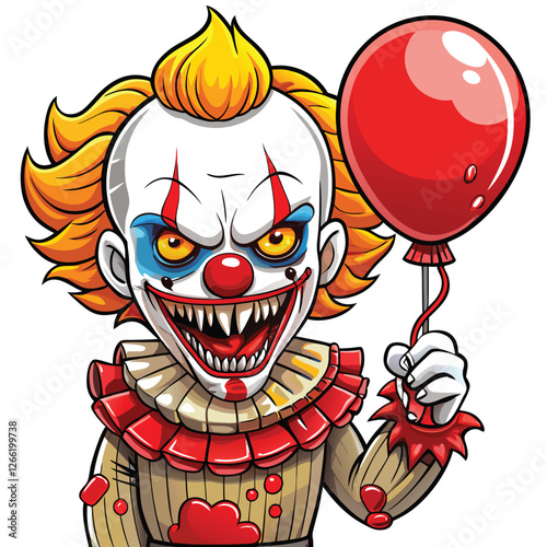 A terrifying clown with a cracked, white porcelain mask, revealing sinister red eyes and a wicked smile.  Blood drips from the mask's cracks.