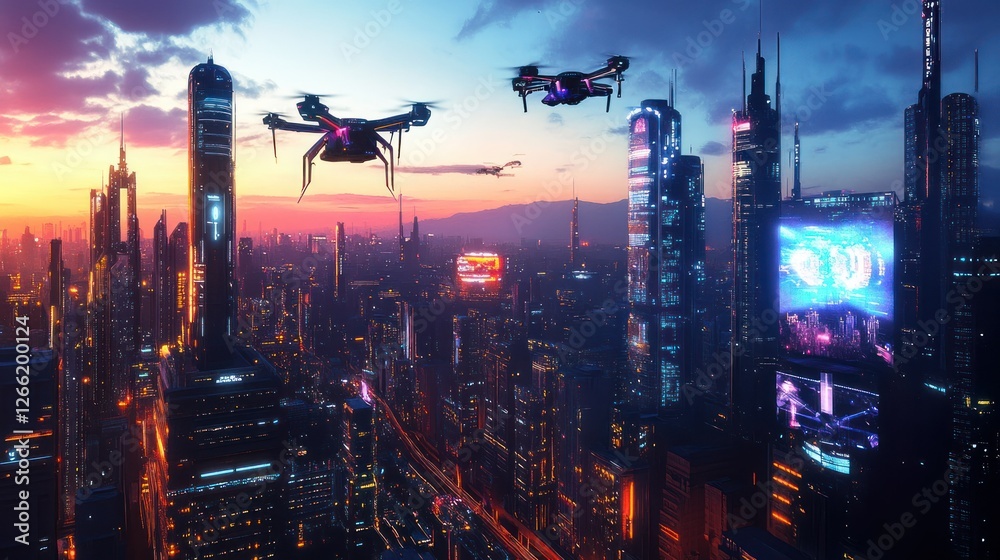 Fototapeta premium Futuristic cityscape at sunset with drones delivering packages.