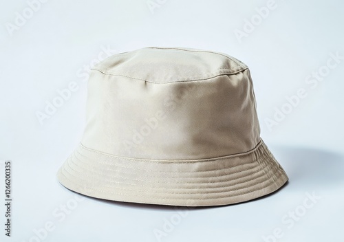 A beige bucket hat rests on a white background