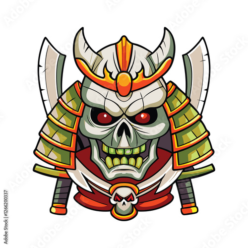A terrifying samurai monster skull, adorned with glowing red eyes, wielding a katana.  Intricate details, dark fantasy art style.