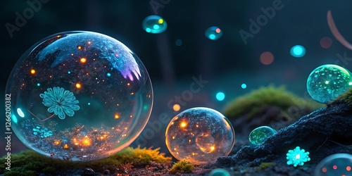 cells in the night
Glowing Glass Orbs with Floral and Cosmic Reflections in a Mystical Landscape