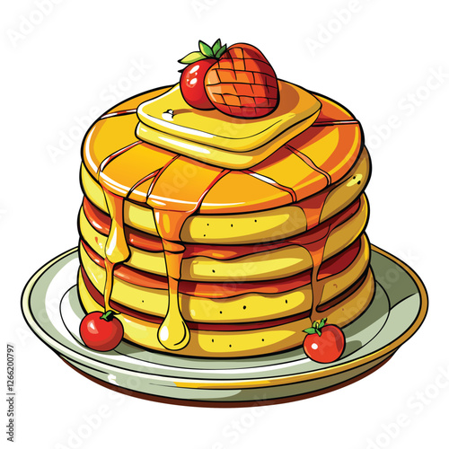 A delectable stack of golden, fluffy pancakes, generously topped with melted butter, glistening with syrup.