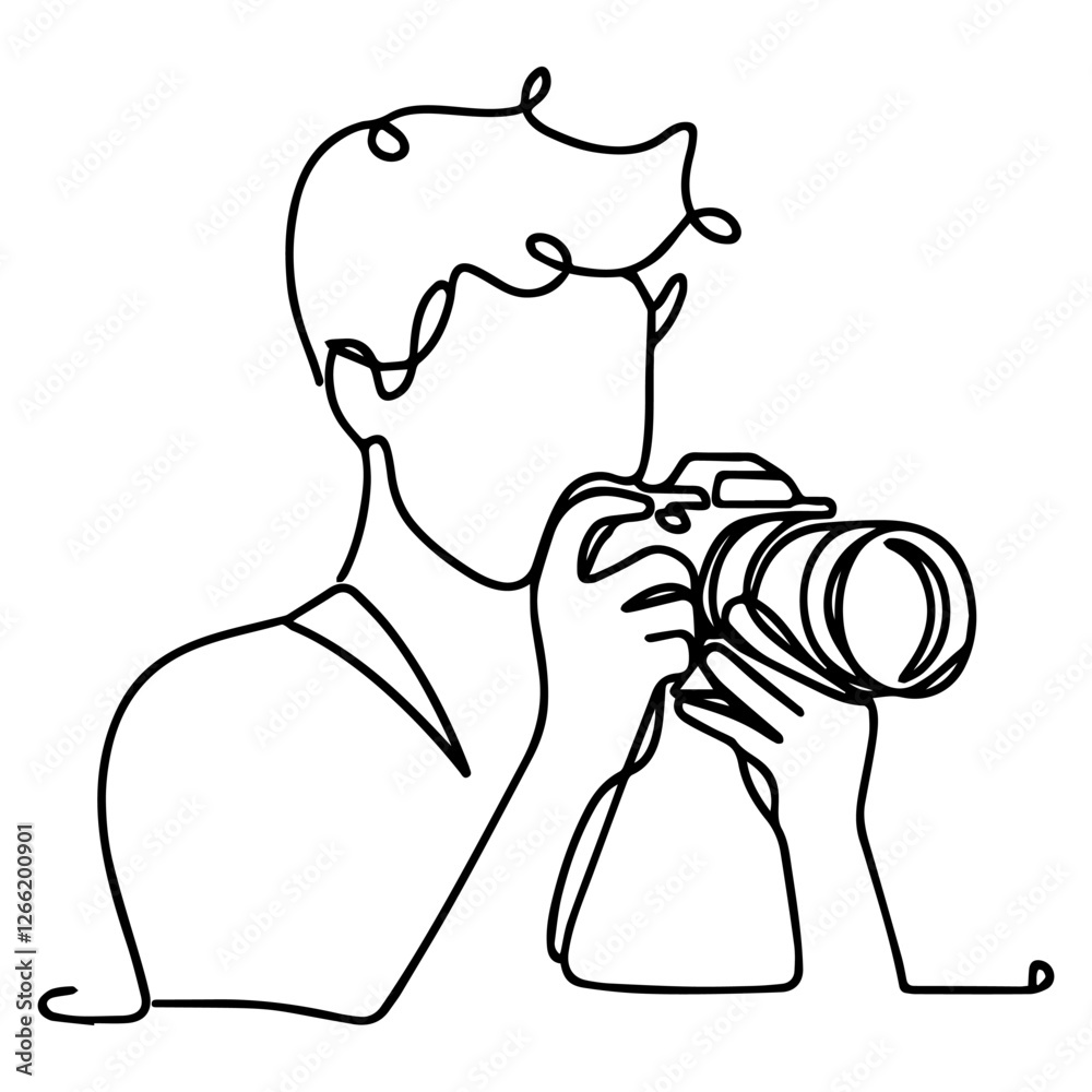 Line drawing of man taking photo with camera on white background
