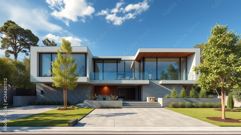 Fototapeta premium Contemporary House Surrounded by Lush Trees with Expansive Driveway and Inviting Outdoor Space