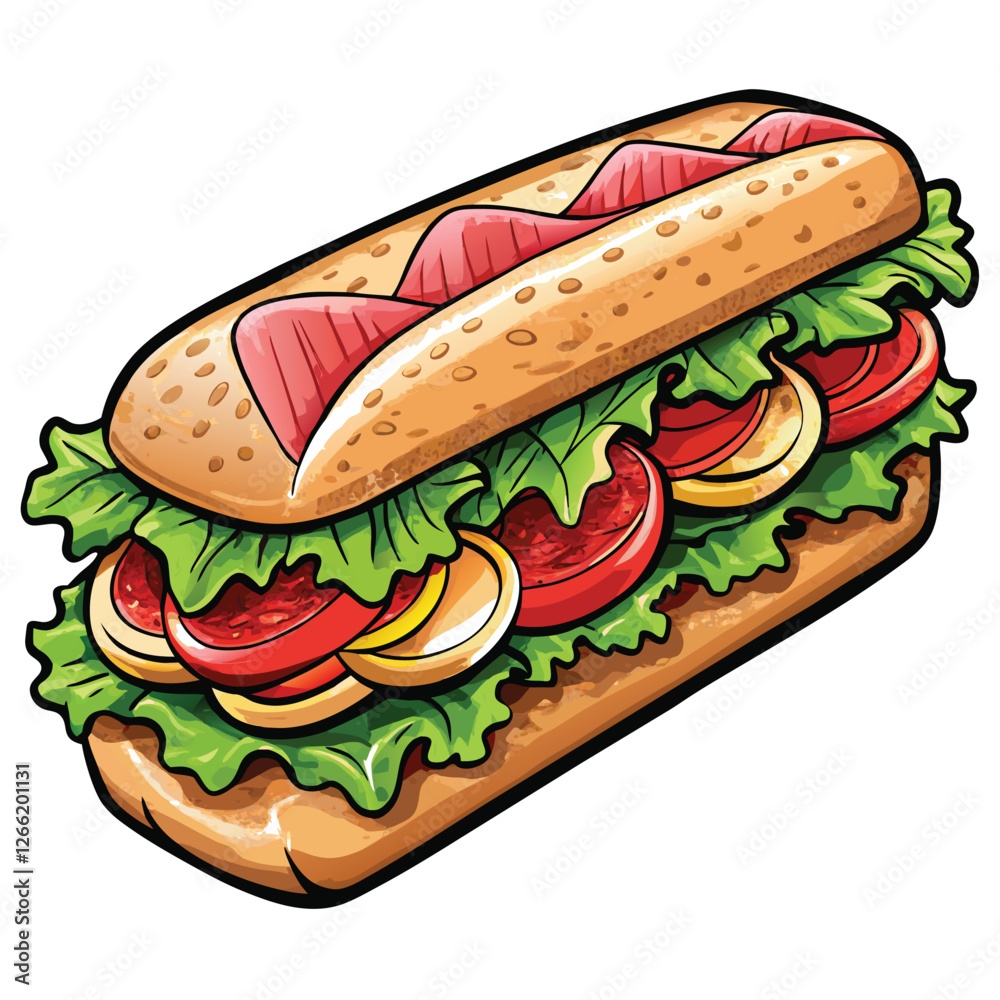 A delectable sub sandwich overflowing with fillings nestled in a light brown baguette, ready to be enjoyed. Close-up shot emphasizing texture and ingredients. A delectable sub sandwich overflowing with fillings nestled in a light brown baguette, ready to be enjoyed. Close-up shot emphasizing texture and ingredients.