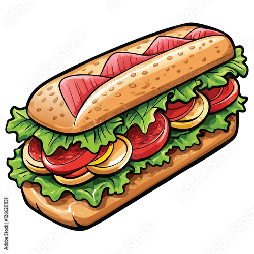 A delectable sub sandwich overflowing with fillings nestled in a light brown baguette, ready to be enjoyed.  Close-up shot emphasizing texture and ingredients.