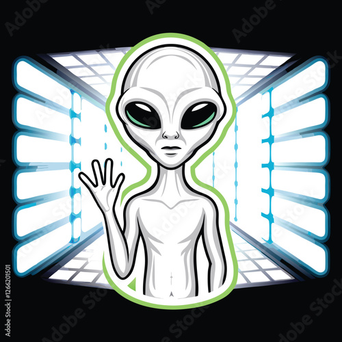 A detailed illustration of a tall, slender grey alien with abnormally large, black, expressive eyes, standing against a stark white background.