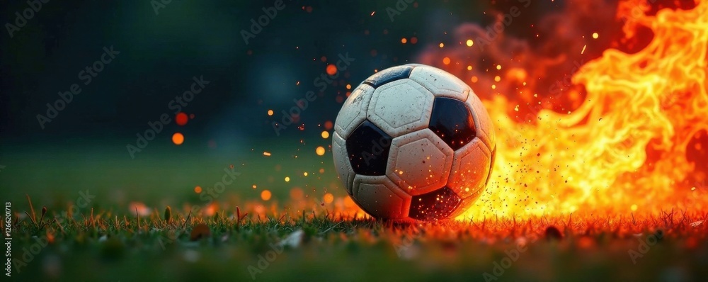 Fototapeta premium Football in flames with sparks flying, heat, energy, sparks