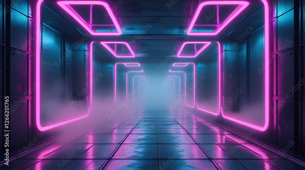 Fototapeta premium Futuristic neon-lit corridor with glowing pink and blue lights, creating a sci-fi cyberpunk atmosphere with misty reflections, modern technology aesthetics, and digital innovation