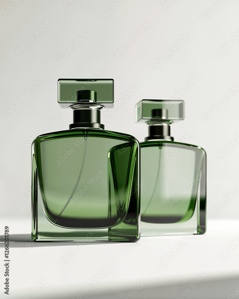 Elegant green perfume bottles placed on a light surface under soft lighting, showcasing their sophisticated design and glossy finish Elegant green perfume bottles placed on a light surface under soft lighting, showcasing their sophisticated design and glossy finish