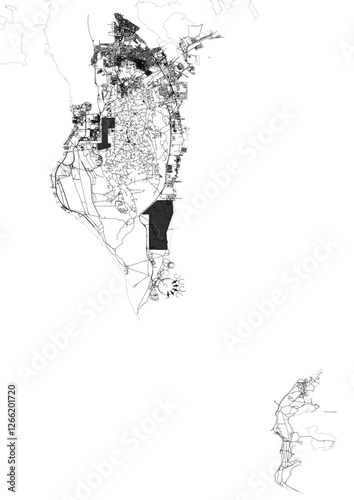 vector map of highways and buildings in southern governorate of bahrain with black and white color