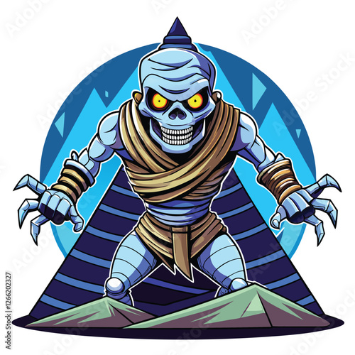 Render a terrifying mummy monster, its wrappings stained crimson with blood,  exuding a palpable sense of horror.  Focus on grotesque detail.