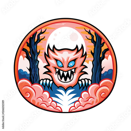 Render a terrifying shadow beast, immense and clawed, with piercing, glowing blue eyes, lurking in impenetrable darkness.
