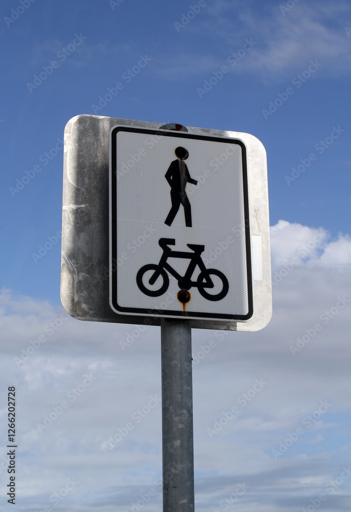Shared Path for bicycles and pedestrians road sign against a blue sky background Shared Path for bicycles and pedestrians road sign against a blue sky background