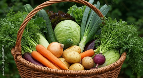 Basket of assorted fresh vegetables and leafy greens