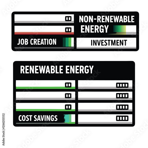 Create a vector chart comparing the economic impact of renewable vs. non-renewable energy sources, showing investment, job creation, and environmental costs.