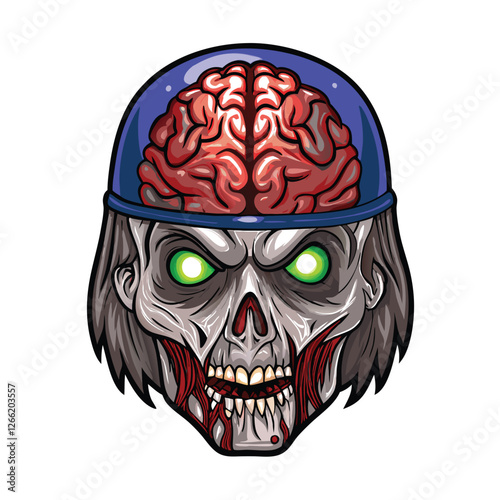 Create a gruesomely realistic image of a zombie head with exposed, rotting flesh and a partially visible brain.  Detail the decay meticulously.