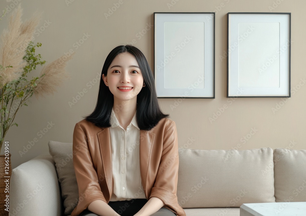 Young woman sits on a couch, smiling, with empty frames on the wall. Young woman sits on a couch, smiling, with empty frames on the wall.