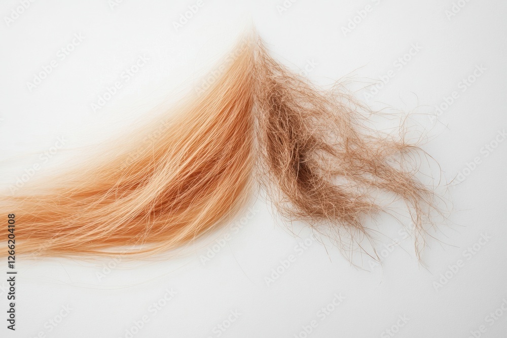 Naklejka premium Comparison of healthy hair strands alongside brittle damaged hair for analysis of hair health and texture. Generative AI