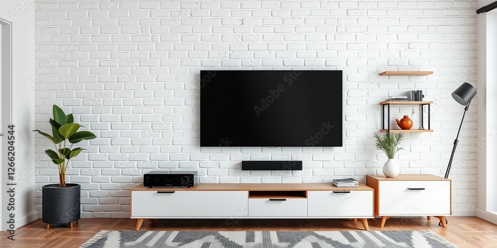 Minimalist White Brick Wall Featuring Modern Television Creating a Sleek Contemporary Atmosphere Minimalist White Brick Wall Featuring Modern Television Creating a Sleek Contemporary Atmosphere