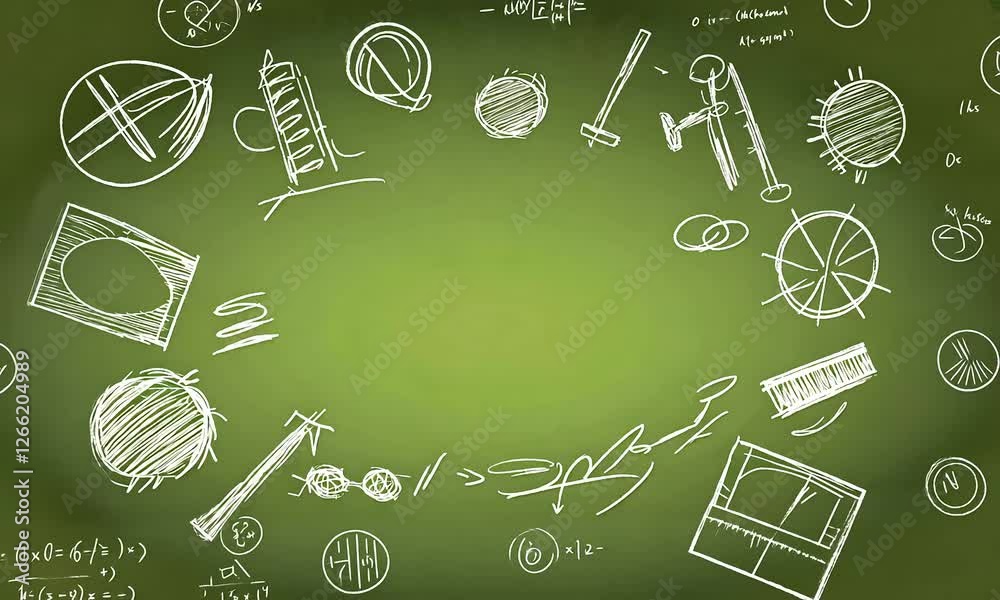 Chalkboard doodles frame, sports & tools, green background, education