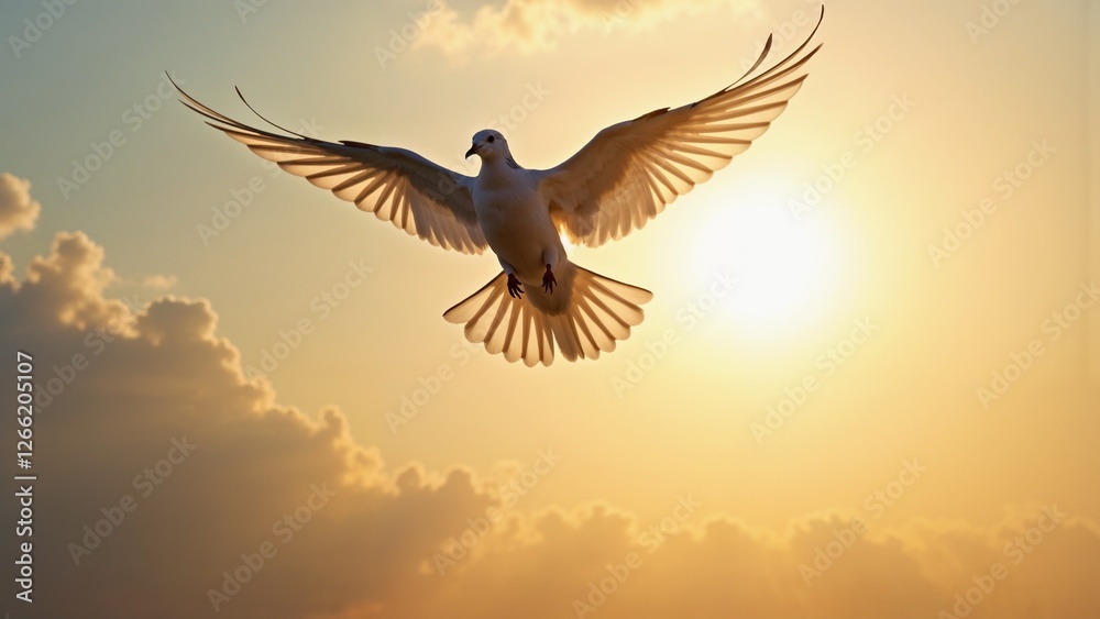 Fototapeta premium White dove gracefully flying towards the sunrise symbolizing hope and peace