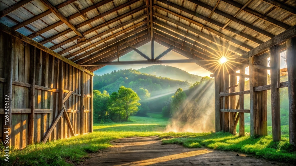 Rustic Wooden Structure Framing a Sunlit Pastoral Landscape with Misty Morning Light Rustic Wooden Structure Framing a Sunlit Pastoral Landscape with Misty Morning Light