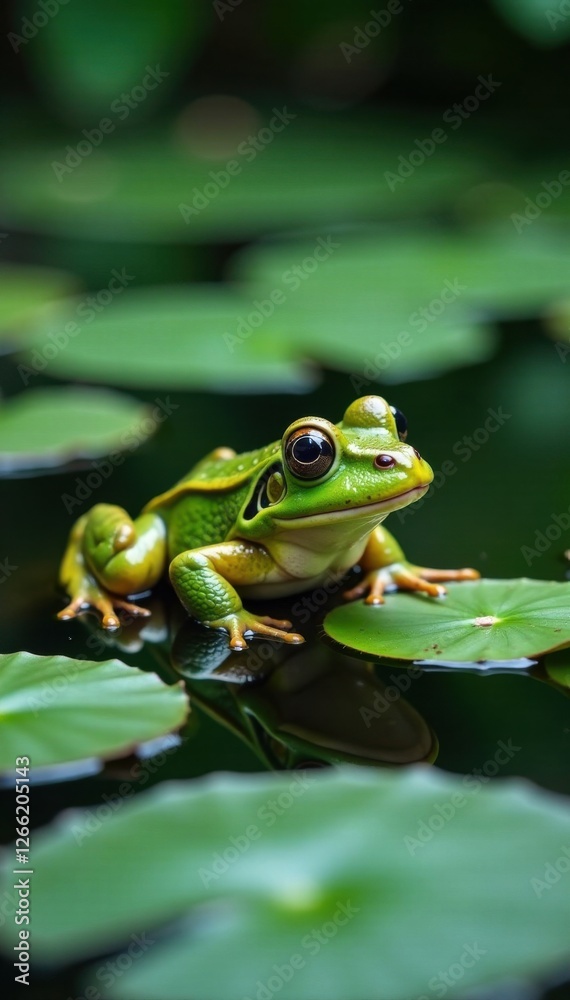 Frog in a pond with lily pads, aquatic, pond, serenity Frog in a pond with lily pads, aquatic, pond, serenity