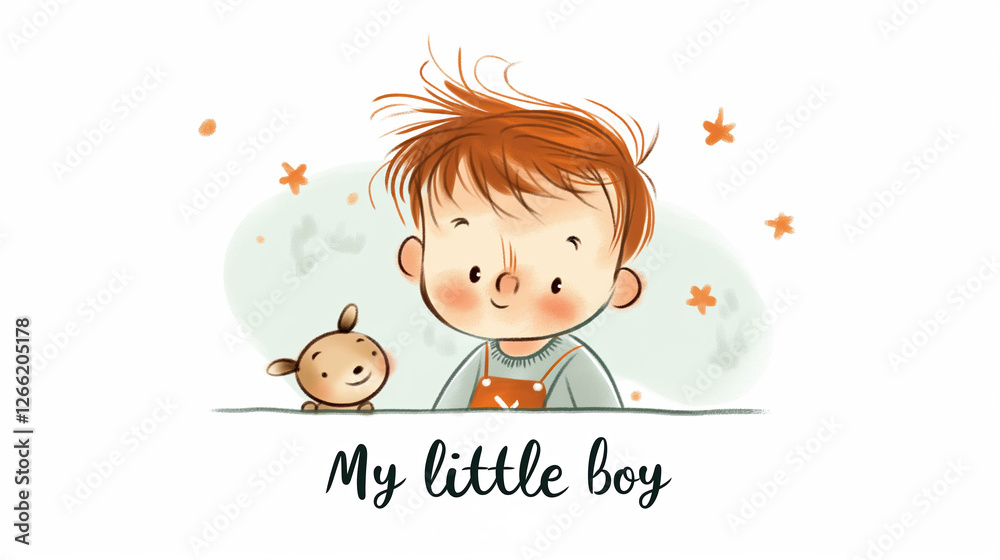 Bright and minimalistic design featuring my little boy with soft colors and a cute character against a clean white background Bright and minimalistic design featuring my little boy with soft colors and a cute character against a clean white background